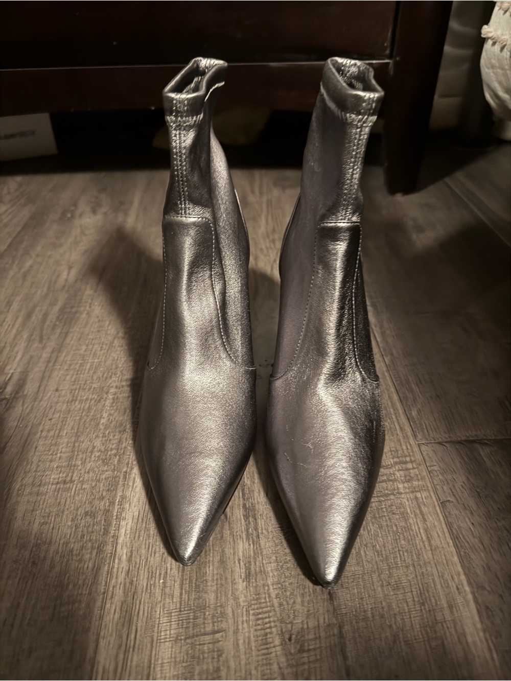 Stuart Weitzman Pointed Metallic Silver Ankle Booties